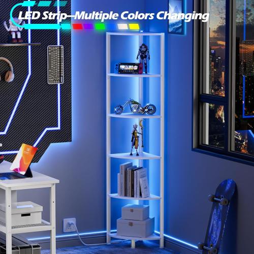 Furnulem 6 Tier Corner Shelf with LED Light, 67.5” Tall Standing Shelf Organizer, White Narrow Bookshelf with Storage Rack for Wall Corner, Living Room, Bedroom, Metal Frame, Wood Display Shelf