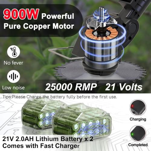 Orange Cordless Weed Wacker Eater Battery Powered, 21V Lightweight Electric Weed Trimmer with 2 Battery Operated & Charger& Wheels & Shears, No-String Grass Trimmer/Brush Cutter/Lawn Edger for Yard Garden