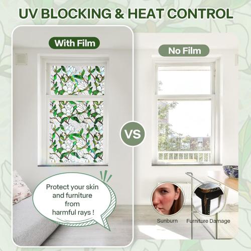Stained Glass Window Film UV Resistant Window Privacy Film, Colorful Flowers Privacy Films Rainbow Decals Bathroom Bedroom Sun Blocking Decor Removable Static Cling Stickers 23 x 39.37 Inch