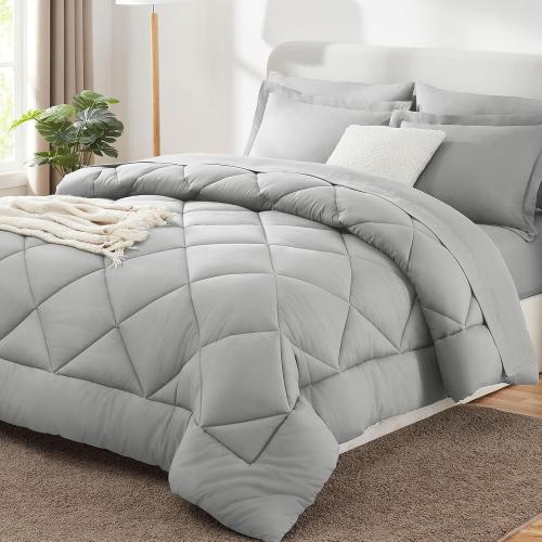 CozyLux Queen Comforter Set with Sheets Light Grey - 7 Pieces Bed in a Bag