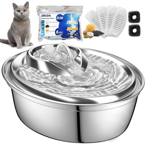 Size 2L ORSDA Cat Water Fountain Stainless Steel, 2L Pet Fountain for Cats Inside, Dog Water Dispenser, Automatic Cat Drinking Fountains with 6 Replacement Filters for Cats, Small Dogs