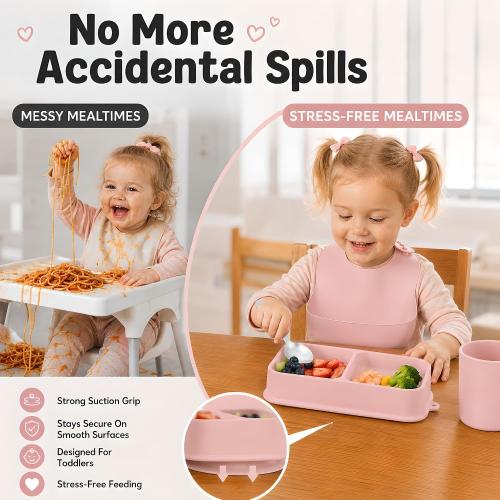 Travel Silicone Baby Feeding Set with 316 Stainless Steel Spoon & Fork ,Silicone Suction Plates, Foldable Bib, Storage Bag - Portable Infant Toddler Utensils, 6-Piece BPA-Free Dishware Kit（pink）