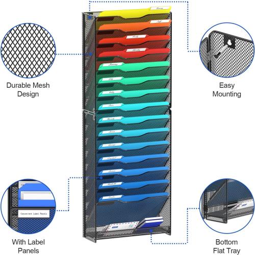 samstar 16 Tier Wall File Organizer Hanging Wall File Holder Wall Mount Paper Folder Organizer, Magazine Rack, Mesh Made,Black