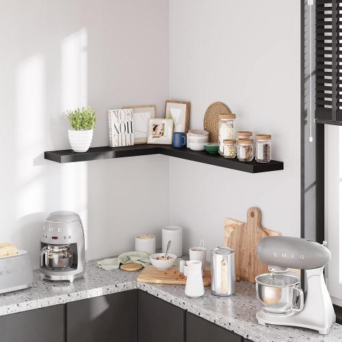 BAMEOS Floating Shelves, 35 Wx7 D Black Wall Mounted Wooden Shelves with Invisible Brackets Set of 2, Hanging Wall Shelves Decoration for Bedroom and Kitchen