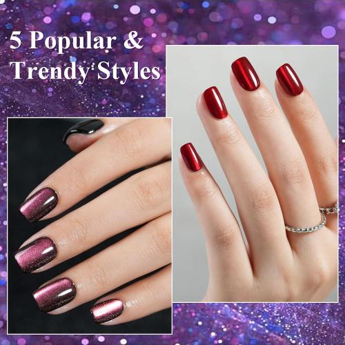 Cat Eye Press on Nails Short 5 Styles, Jofay Fashion 160Pcs Salon-Like Fake Nails with Glitter Chasing Light Cat Eye Designs, Valentines Artificial Acrylic Nails Glue on Nails Stick on Nails for Women