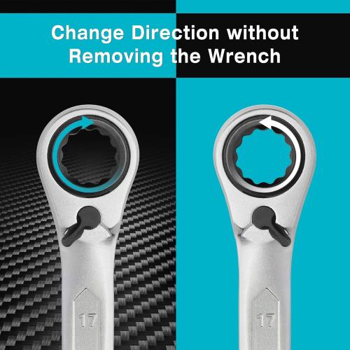DURATECH 4-in-1 Reversible Ratcheting Box Wrench Set, Double Box End, Metric, 2-Piece, 8, 10, 12, 13 & 14, 15, 17, 19 mm, CR-V Steel, Matte Chrome Plated, with Rolling Pouch