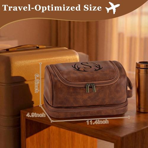 Laser-Engraved Initial Mens Toiletry Travel Bag, Corporate Gifts for Clients Boss Colleague Employee Appreciation Gifts Birthday Party Favor Waterproof Shaving Bag for Men (Reddish Brown S)