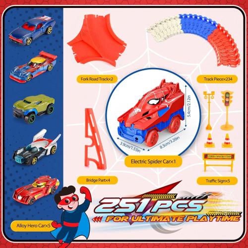 Spider Toys for Boys 3-4: 251 PCS Spider Race Track with 5 Alloy Cars Toys for 3 4 5 6 Year Old Boys Car Tracks for Kids Toddler Boy Age 3-5 4-6 6-8 Christmas Birthday Gifts