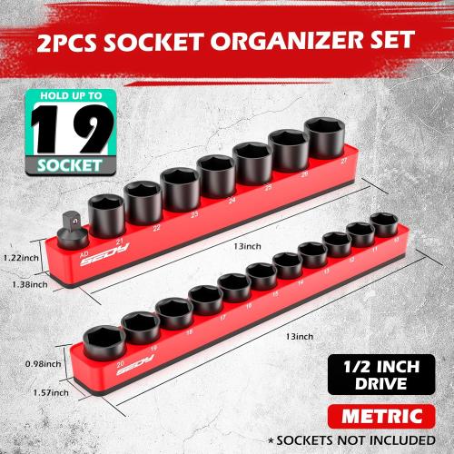 2-Piece 1/2-Drive Metric Magnetic Socket Organizer Set (Holds 19 Sockets) - Detachable Tool Tray with 5mm Magnetic Base, Screw-Fixed Design & Heavy-Duty Modular Storage for Garage/Home Workshop