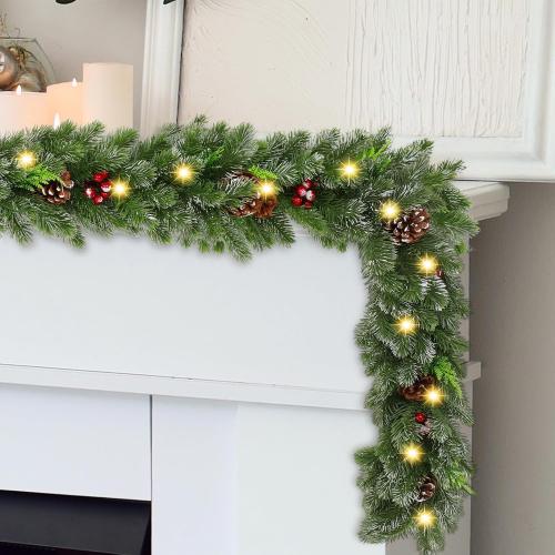 Chuangdi 6ft Pre-lit Christmas Garland with Lights Artificial Xmas Snowy Cedar Garland Decorated with Pine Cones Berries Battery Powered for Mantle Stairs Fireplace Christmas Indoor Outdoor Decor