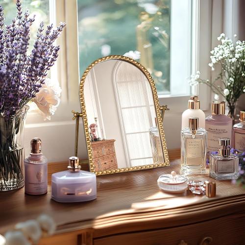 Vintage Desk Makeup Mirror, 11.8 L x 7.9 W Antique Gold Vanity Table Mirror, Metal Framed Arched Small Standing Mirrors with Beaded, 360 Adjustable Rotation for Tabletop, Bedroom