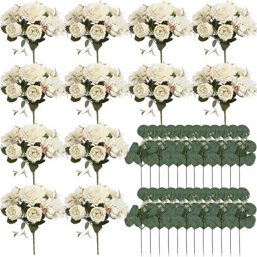 Peony Artificial Flowers, Faux Peonies Hydrangea Eucalyptus Bouquet 12 Packs Silk Vintage Realistic Peony Floral Arrangement for Wedding Centerpiece Table Vase Home Party Decor-Ivory White