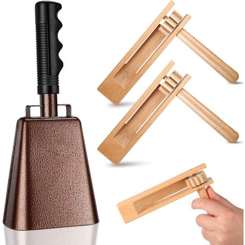 Nuanchu 10 Inch Cowbell Noise Makers for Sport Event Steel Cowbell with Handle and 2 Pcs Wooden Spinning Rattle Ratchet Traditional Matraca Toy Cheering Bell for Baseball Game Party Sport Drum(Brown)