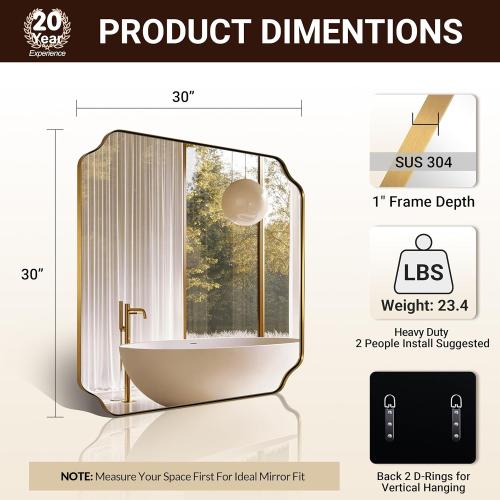 ANDY STAR 30x30 Square Bathroom Mirror, Brushed Gold Scalloped Mirror for Wall, Antique Brass Mirror with Designer-Crafted Rounded Notched Corners, Ideal for Home Remodel
