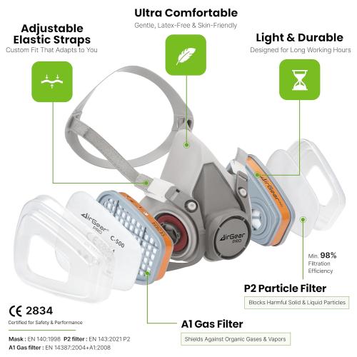 AirGearPro M-500 Reusable Respirator Mask with A1P2 Filters | Anti-Gas, Anti-Dust | Gas Mask Ideal for Painting, Woodworking, Construction, Sanding, Spraying, Chemicals, DIY etc