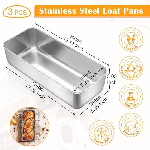 Kitchenware and Cooking tools -4 Pack, 12” x 5” Large Stainless Steel Loaf Pans, Long Metal Bread Baking Mold for Banana Cake Meatloaf Sourdough Lasagna, Nontoxic & Dishwasher Safe