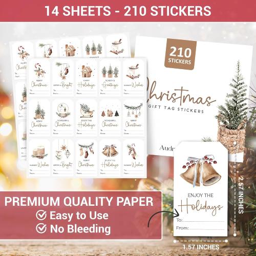 AUDREE 210 Pcs Christmas Gift Tags Sticker - Self Adhesive Cozy Holiday Gift Tags for Xmas Presents - Christmas Name Tags Label Stickers for Xmas Gifts Wrap Presents Box Envelope Decor