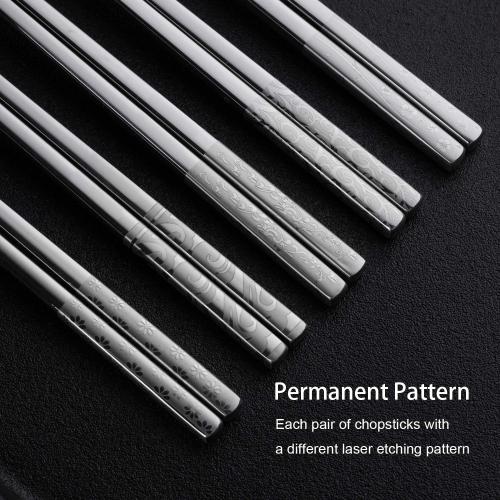 Metal Chopsticks Reusable 316 Stainless Steel Chopsticks Multipack Dishwasher Safe Chop Sticks Square Fancy Laser Engraved Non-slip Korean Chopstick for Cooking Eating 9.45 Inches 5 Pairs Gift Set