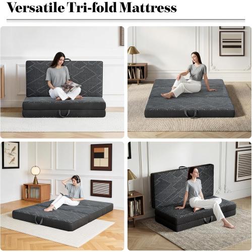 Vamcheer Tri Folding Mattress, 3 inch Full Foldable Mattress, Tri-fold Memory Foam Mat with a Collapsible and Washable Cover, Handle & Non-Slip Bottom, for Travel/Guest, 73x52x3, Grey