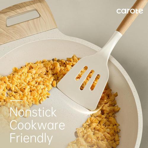 Cream White 10Pc Set CAROTE Silicone Cooking Utensils Set, Kitchen Utensils Set 10 Pcs for cooking, BPA Free Spatula Set with Heat Resistant Wood Handles for Nonstick Cookware (Cream White)