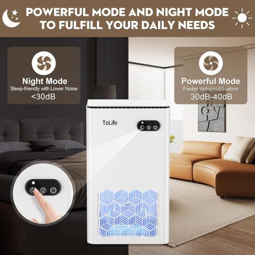 ToLife Dehumidifier for Home, 1000 sq.ft Dehumidifiers for Basement Bedroom Bathroom with 95 OZ Water Tank, Auto Shut Off 7 Colors LED Light, White Black