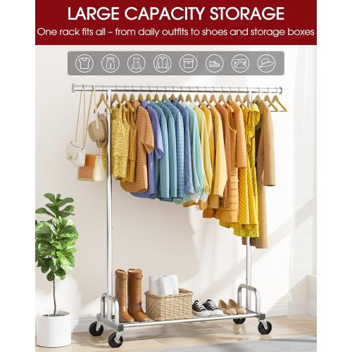 Sakugi Clothes Rack - Large-Capacity Clothing Racks for Hanging Clothes with Lockable Wheels, Space-Saving Metal Coat Rack for Bedroom, Laundry Room, Entryway, 45.6 x 16.9 x 59, Silver