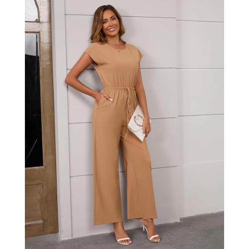 Women's Casual Loose Jumpsuits Crew Neck Short Sleeve Wide Leg Pant Rompers One Piece Outfits with Pockets