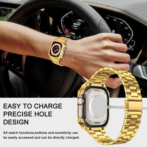 Stainless Steel Watch Band with Case Compatible with Apple Watch Ultra 3 2 1 band (49mm), Rugged Strap with Metal Protective Bumper Cover for iWatch Bands Men (Gold)