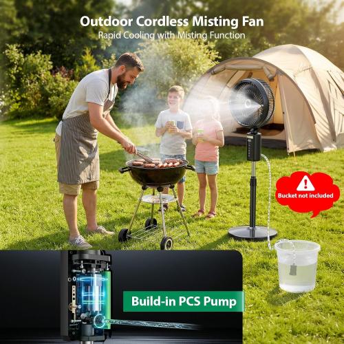 Ausic Outdoor Misting Fan for Patio, 30000mAh Rechargeable Oscillating Fan | Battery Powered Cordless Pedestal Fan, 12 Standing Fan with Remote/ Mister for Camping/Backyard