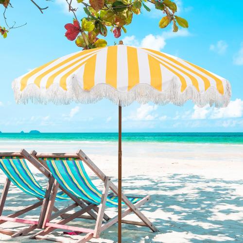 Rayjee 6.5FT Outdoor Patio Umbrella with Fringe, Boho Beach Umbrella | UV Protection | Tilt & Adjustable Height | Portable 2-Piece Aluminum Pole | Perfect for Pool, Garden, Party & Beach
