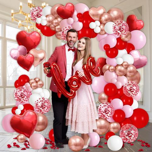 191 Pcs Valentine's Day Balloon Garland Arch Kit, Love Foil Letter Balloons Red Pink Rose Gold White Confetti Balloon Decor Heart Shaped Balloons Rose Petals Romantic Party Supplies for Galentines Day
