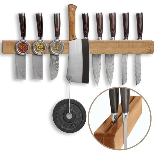 Novaware Premium 24 inch Magnetic Knife Holder for Wall with 2x Storage & Charming Wood - Knife Magnetic Strip, Under Cabinet Magnet Knives Storage - Magnet Strip Rack Kitchen Utensil Holder Organizer Tool