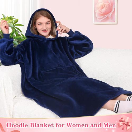 Waitu Oversized Wearable Blanket Sweatshirt Gifts for Women and Men, Soft Sherpa Blanket Hoodie with Sleeves and Pocket, Warm Body Blanket Robe - Navy