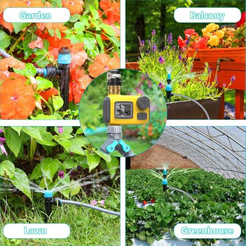 Drip Irrigation System Kit with Water Timer 100FT，1/2 inch Hose 1/4 inch Distribution Tubing，Water Timer for Garden Hose with Anti-Leakage Quick Connector and Drip Emitters,for Potted Plant