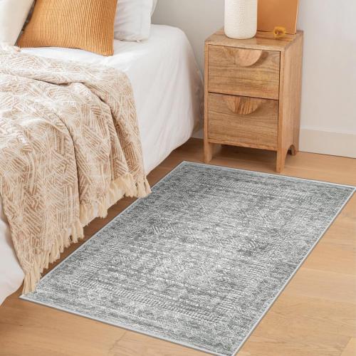 Washable Area Rug 2x3: Moroccan Entryway Rug Geometric Farmhouse Boho Throw Rug Non Slip Low Pile Soft Indoor Doormat for Entrance Bedroom Kitchen Hallway (Grey,2x3)