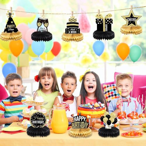 8 Pieces Happy Birthday Party Decorations Supplies Birthday Honeycomb Centerpieces Table Toppers for Party Favor Photo Booth Props, Black and Gold