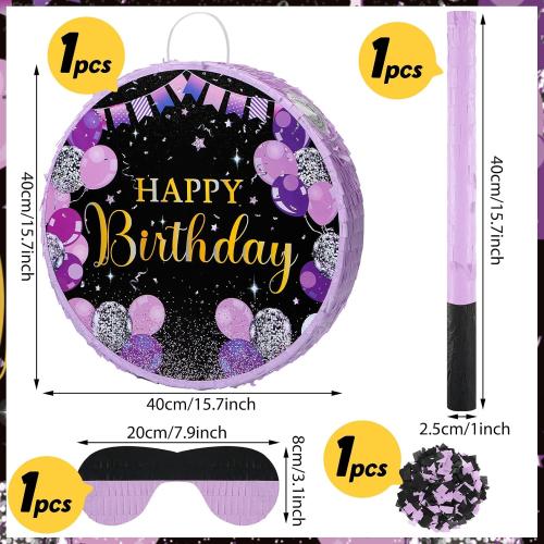 Sinmoe Birthday Piñata with Stick Blindfold and Confetti for Men Women Birthday Party Supply(Purple)