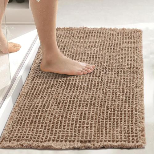 Hughapy Waffle Bath Mats, Boho Bathroom Rugs, Upgraded Waffle Design Super Absorbent, with Fringe and Back Rubber Non-Slip Carpet, Ultra Soft Machine-Washable Bathroom Mat (Brown, 18 x 30)