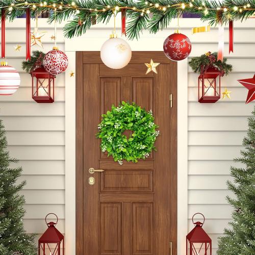 2 Pcs Christmas Boxwood Wreath Artificial 10 Inch Green Leaves for Front Door Cabinets Wreath Indoor Outdoor Wall Decor Christmas Wall Home Kitchen Decoration