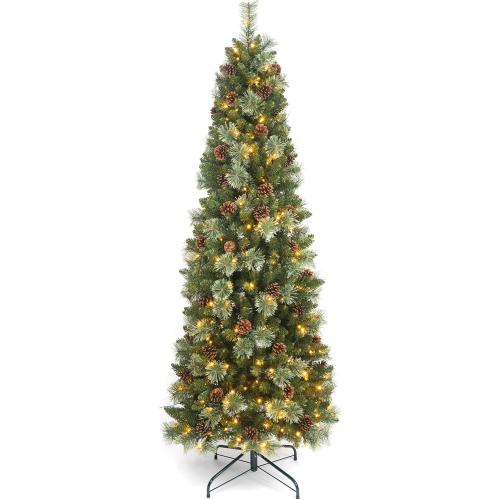 Size 6.5 Ft Prelit Christmas Tree, Artificial Pencil Christmas Tree with 250 LED Lights, Pine Needles and Pine Cones Xmas Decoration for Home