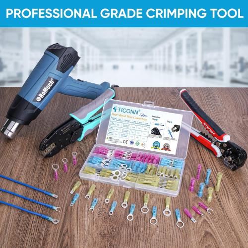 TICONN Set of  120Pcs Heat Shrink Wire Connectors, Waterproof Automotive Marine Electrical Terminals Kit, Crimp Connector Assortment, Ring Fork Spade Butt Splices