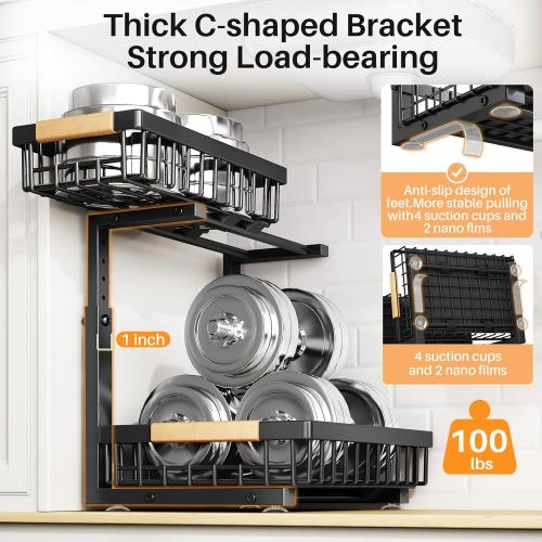 PXRACK Under Sink Organizer, Adjustable Height, 2 Tier Pull Out Under Cabinet Organizer, Slide Out Thickened Metal Under Sink Storage for Kitchen Bathroom Laundry Pantry Cabinet, Black, Large-2-Pack