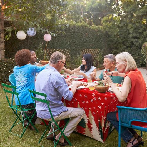 Oudain 2 Pcs Christmas Stretch Table Cover 6 Feet Red Green and Gold Xmas Spandex Table Clothes Christmas Trees Snowflake Party Decorations for Holiday Party Celebration Picnic Dinner Decor