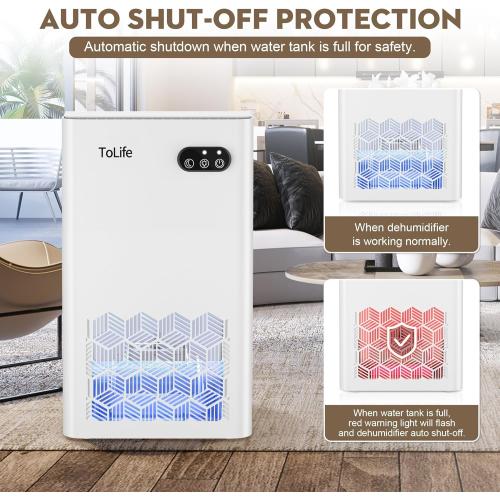 ToLife Dehumidifier for Home, 1000 sq.ft Dehumidifiers for Basement Bedroom Bathroom with 95 OZ Water Tank, Auto Shut Off 7 Colors LED Light, White Black