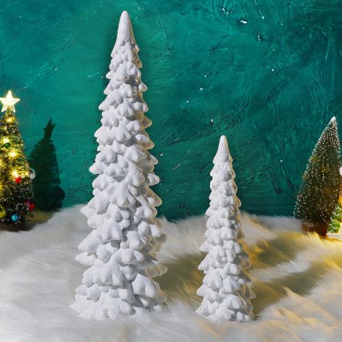 Juegoal Christmas Tree Table Decorations Set of 2, 9.5 White Glittered Xmas Pine Trees, Winter Snow Ornaments Tabletop Resin Trees Dinner Holiday Party Supplies Winter Mantle Shelf Centerpieces Decor