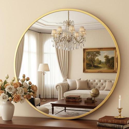 Antok 24 Inch Round Mirror for Wall, Round Bathroom Mirror, Circle Wall Mirrors with Gold Metal Frame, Circle Mirrors Suitable for Wall, Bathroom, Vanity, Living Room, Entryway