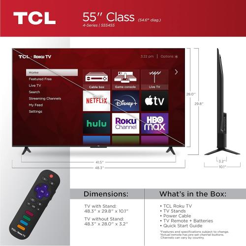 TCL 55 Class 4-Series 4K UHD HDR Smart Roku TV(Wi-Fi, RF, USB, Ethernet, HDMI) - 55S455