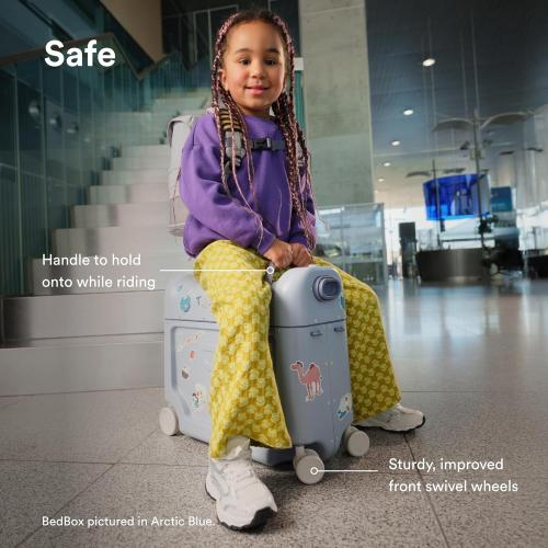 Stokke JetKids BedBox, Moonglow White - Ride-On Suitcase for Kids 2-7 Years Old (up to 77 lbs) - Transforms Into Bed - Includes Mattress, Decorative Stickers & Adjustable Carrying Strap