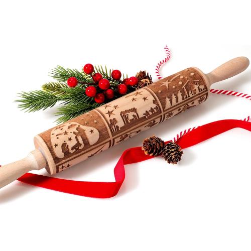 17 Premium Wooden Rolling Pins for Baking with Nativity Embossed Designs | 3mm Deep Springerle Cookie Molds | Christmas Rolling Pin & Baking Gifts for Women | Includes 3-in-1 Cleaning Brush