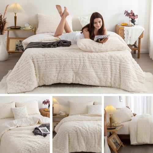 Comforter Sets KING Size Bed, Boho Tufted Cal KING Bedding Down Comforter, Lightweight Super Soft Reversible Washed Cotton Shabby Plush Fleece Sherpa All Season, Off White Ivory